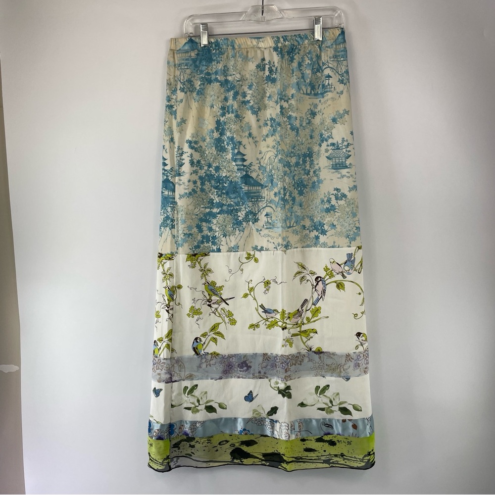 Lee Andersen Maxi Skirt in Blue, Cream & Green Toile and Bird Print